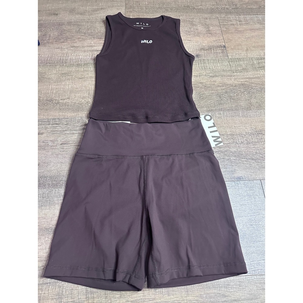 WILO The Label Espresso Ribbed Racer Tank and Scrunch Butt Biker Shorts Set Med - Picture 7 of 9